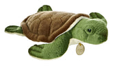 A green sea turtle plush toy from Miyoni by Aurora with a brown patterned shell and flipper-like limbs.
